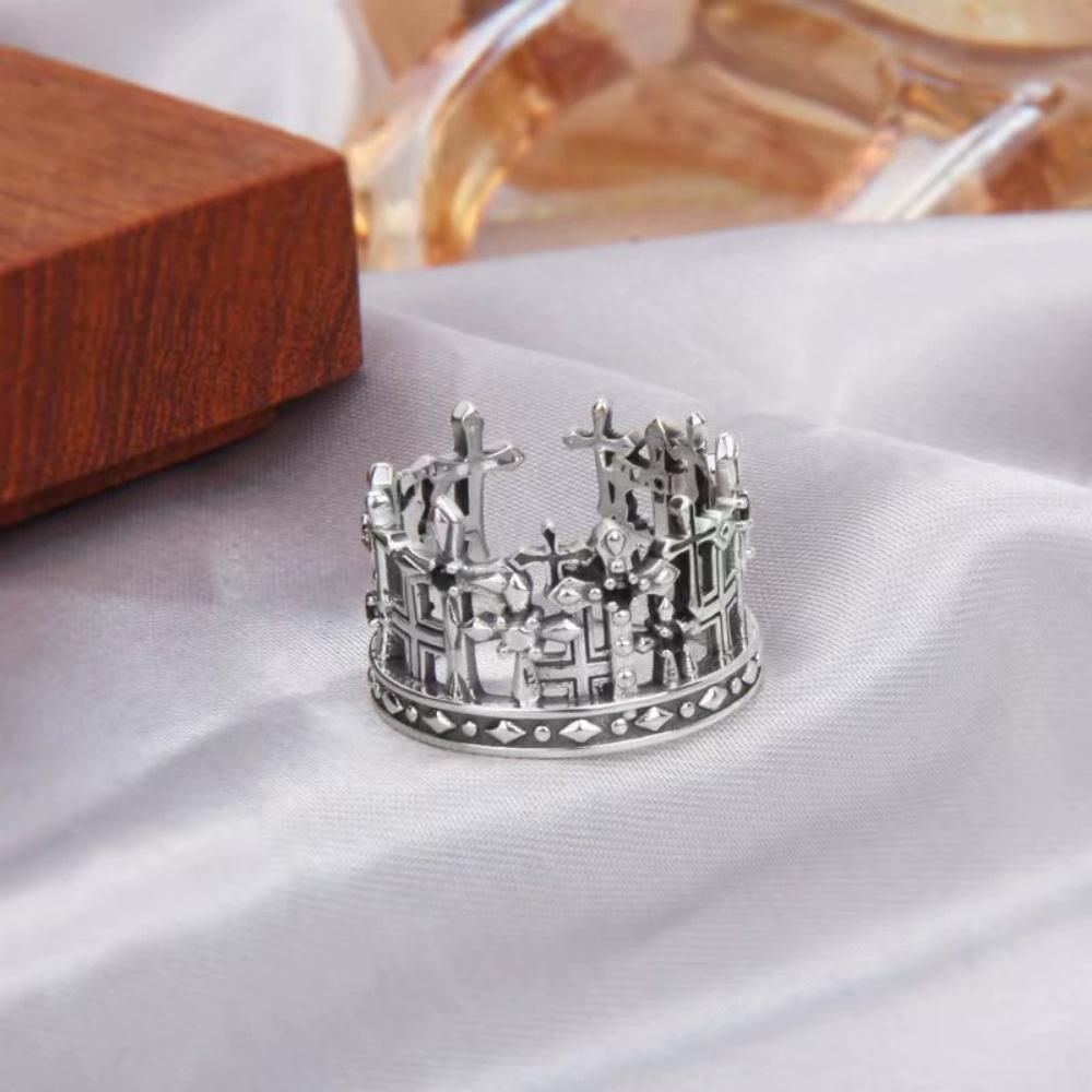 New Geometry Zircon Hollow Cross Crown Ring Unique Retro Personality Fashion New Gothic Opening Adjustable Jewelry Gift resizable