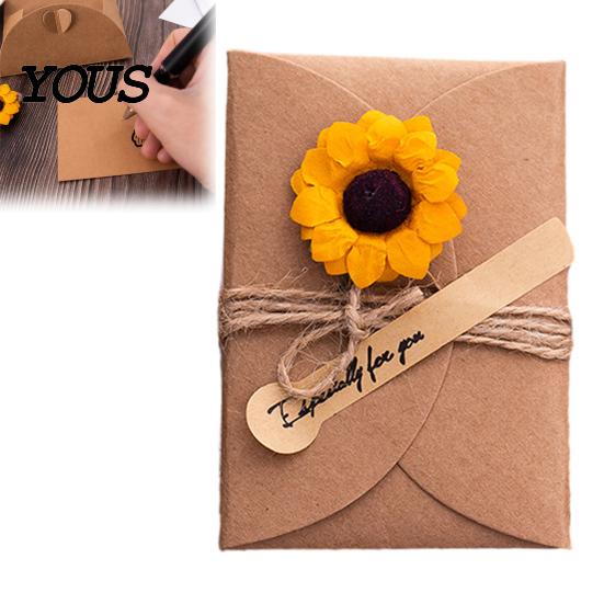 Exquisite Holiday Celebration Cards 5Pcs DIY Dried Flower Greeting Cards, Handmade Note with Artificial Flowers, Jute Twine Romantic Sunflower