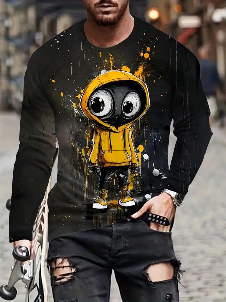 Cartoon Animal Print Men's Long Sleeve T-shirt Casual O-neck Oversized Pullover Autumn Fashion Streetwear High Quality Clothing