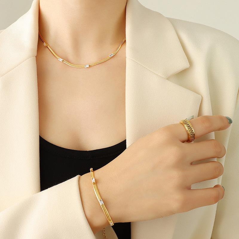 Waterproof 18k Gold Plated Stainless Steel Fashion Jewelry Set Inlaid Zircon Necklace Bracelet Set for Women