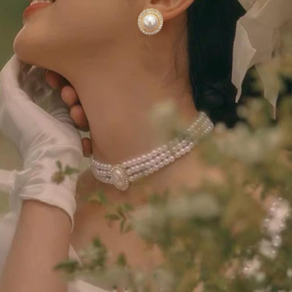 Europe and the United States Hot-selling Retro Oval Super Flash Pearl Bride Necklace Women's French Style Dress Wedding Performance Set Chain 