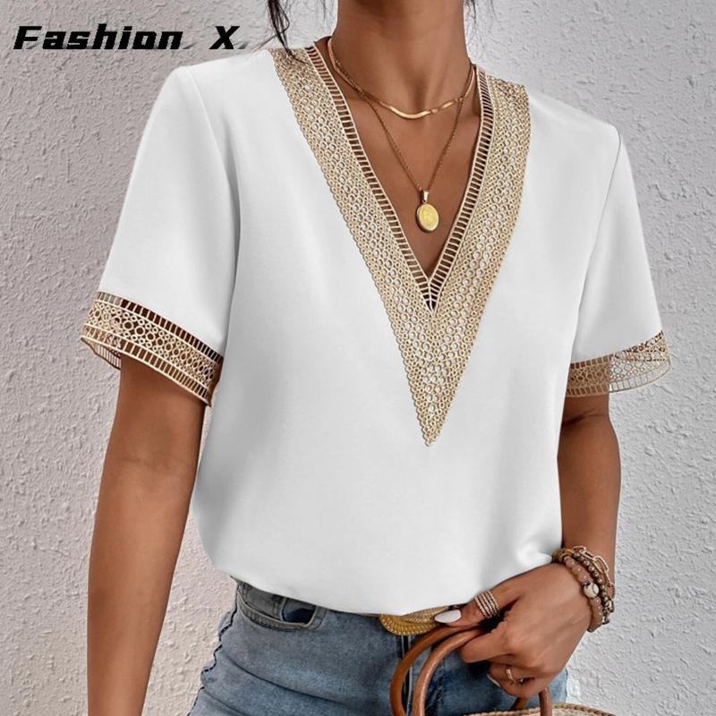 Damen Kurzarm Shirt Sommer T-Shirt V-Ausschnitt Spitze Lockeres Oberteil