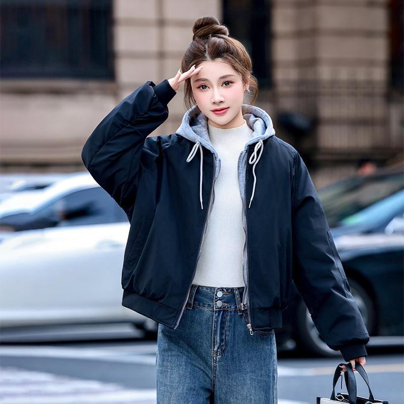 Simple couple baseball cotton jacket hooded loose splicing sweater fake two contrasting thick cotton jacket