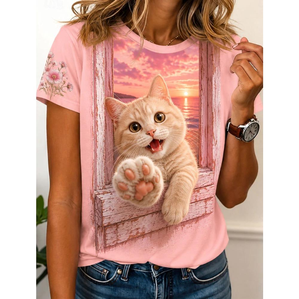 Moda Feminina Retro Criativo Estampa de Gato Camiseta Divertida Casual Gola Redonda Manga Curta Camiseta de Verão Feminina