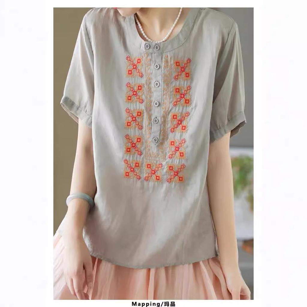Summer New Chinese Cotton and Linen Embroidered Short-sleeved Shirt Women's Half-open Round Neck Solid Color Pullover