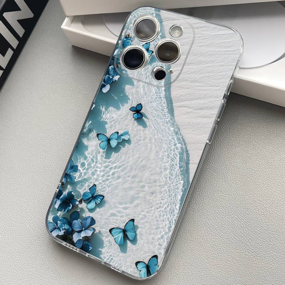 Blue Butterfly Ocean Waves Phone Case For iPhone 17 15 14 13 11 12 16 Pro Max Plus Mini Transparent Silicone Soft Funda