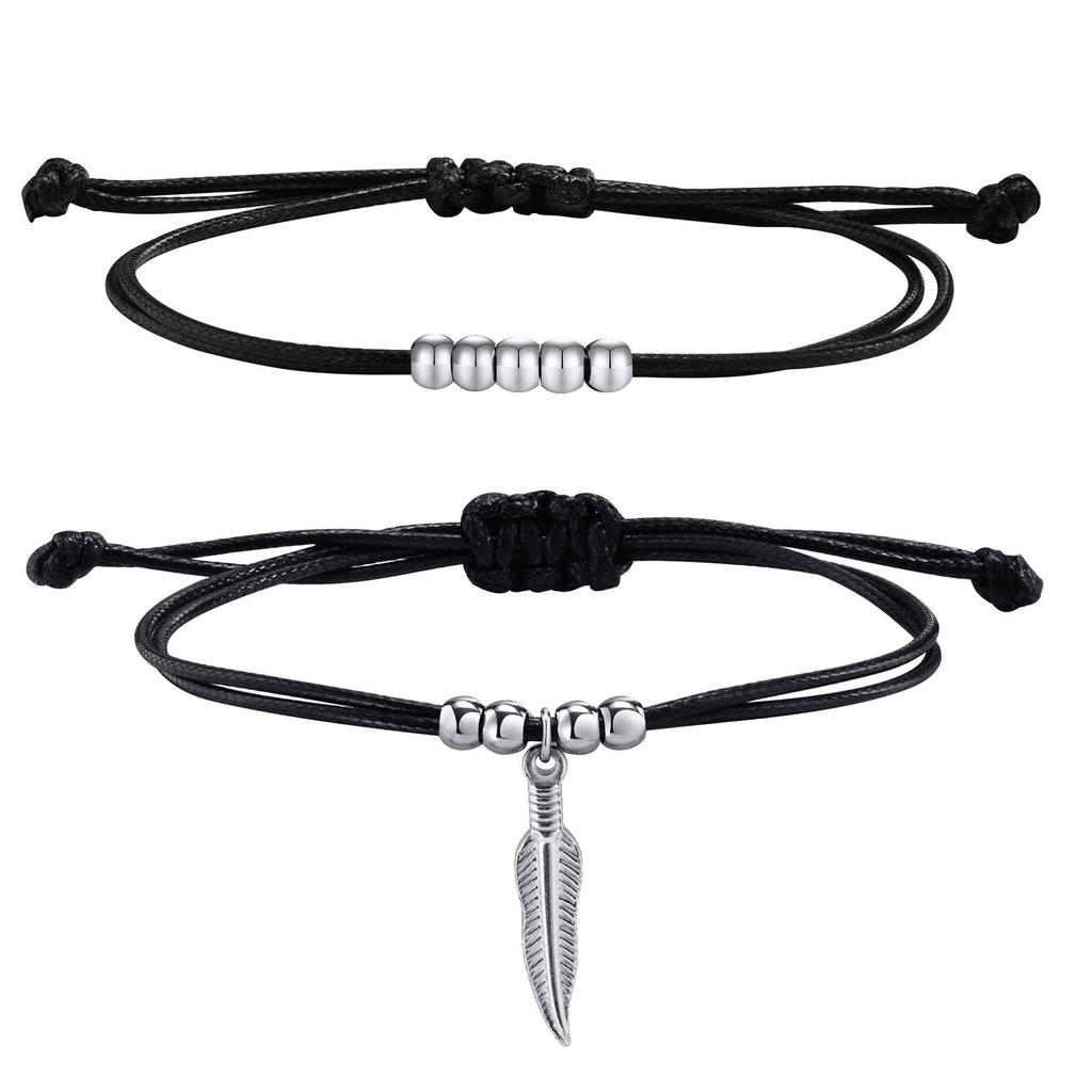 Men's Stylish Black Rope Chain Ankle Bracelets for Boys,Waterproof Stainless Steel Feather Beads Charm Anklet,Foot Gifts Jewelry