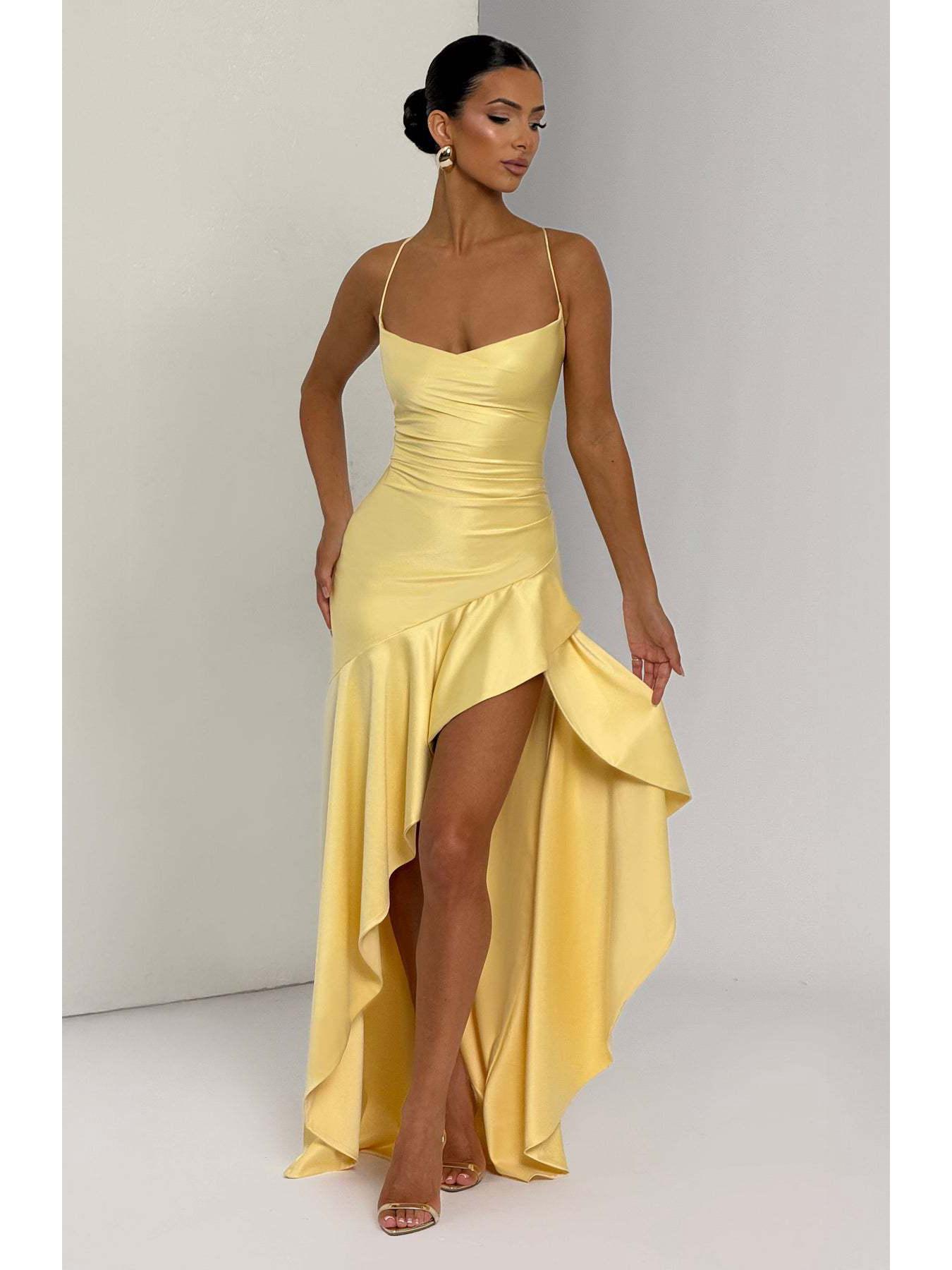 2025 European & American Sexy Women s Backless Ruffle Irregular Evening Dress S