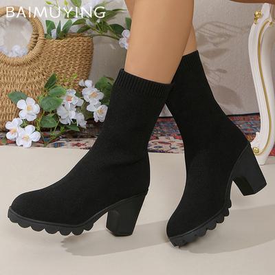 Knitting Chunky Women Mid Calf Sock Boots Designer Retro High Heels Shoes 2025 Trend Winter Classic Pumps New Botas De Mujer