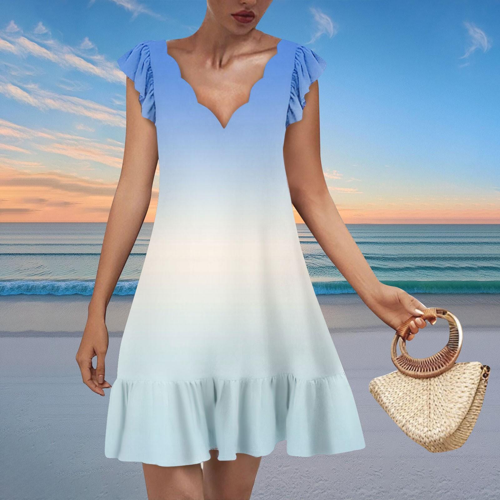 

Женское модное повседневное платье с V-образным вырезом, волнистым краем и градиентным принтом, с короткими рукавами XL небесно-голубой