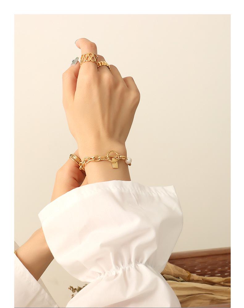 European & American OT Buckle Geometric Square Plate Freshwater Pearl Gold Christmas Bracelet for Women, Titanium Steel Jewelry
