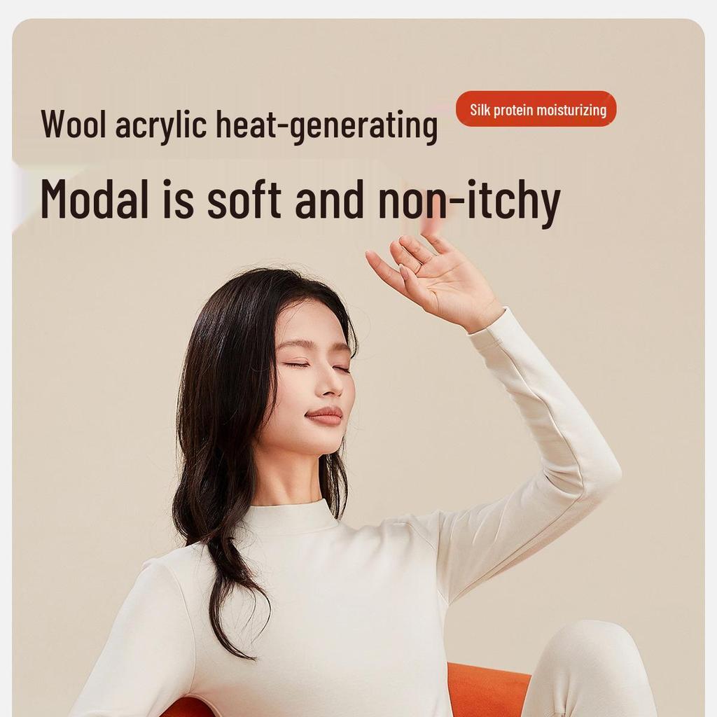 Women's Thermal Wool-Silk Mid-Neck Underwear Set - Slimming Base Layer for Winter and Autumn