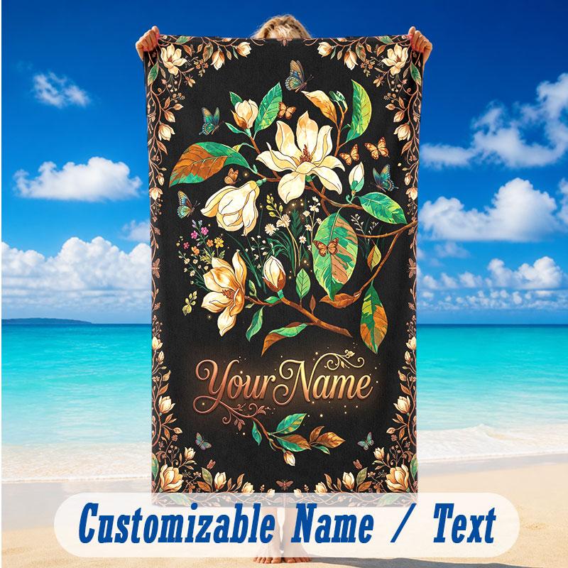 Floral Garden Theme Beach Towel Personalized Custom Name & Text Soft Quick Dry Beach Towel for Swimming Travel