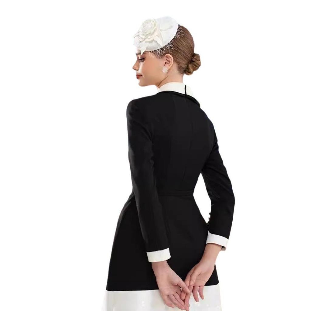 Vietnamese Embroidered Black & White Asymmetrical Neckline Dress 22289