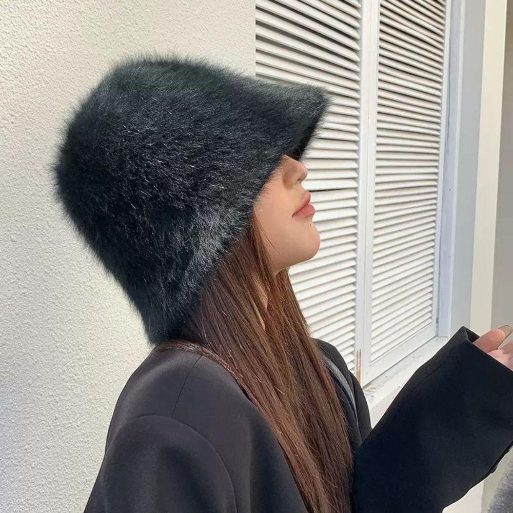 Furry Plush Bucket Cap Warm Anti-cold Bucket Hat Elegant Winter Fisherman Hat Women
