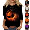 Women's Casual Halloween Print T-Shirt Round Neck Three Quarter Sleeve Top Fashion Comfortable Fit Seasonal Design