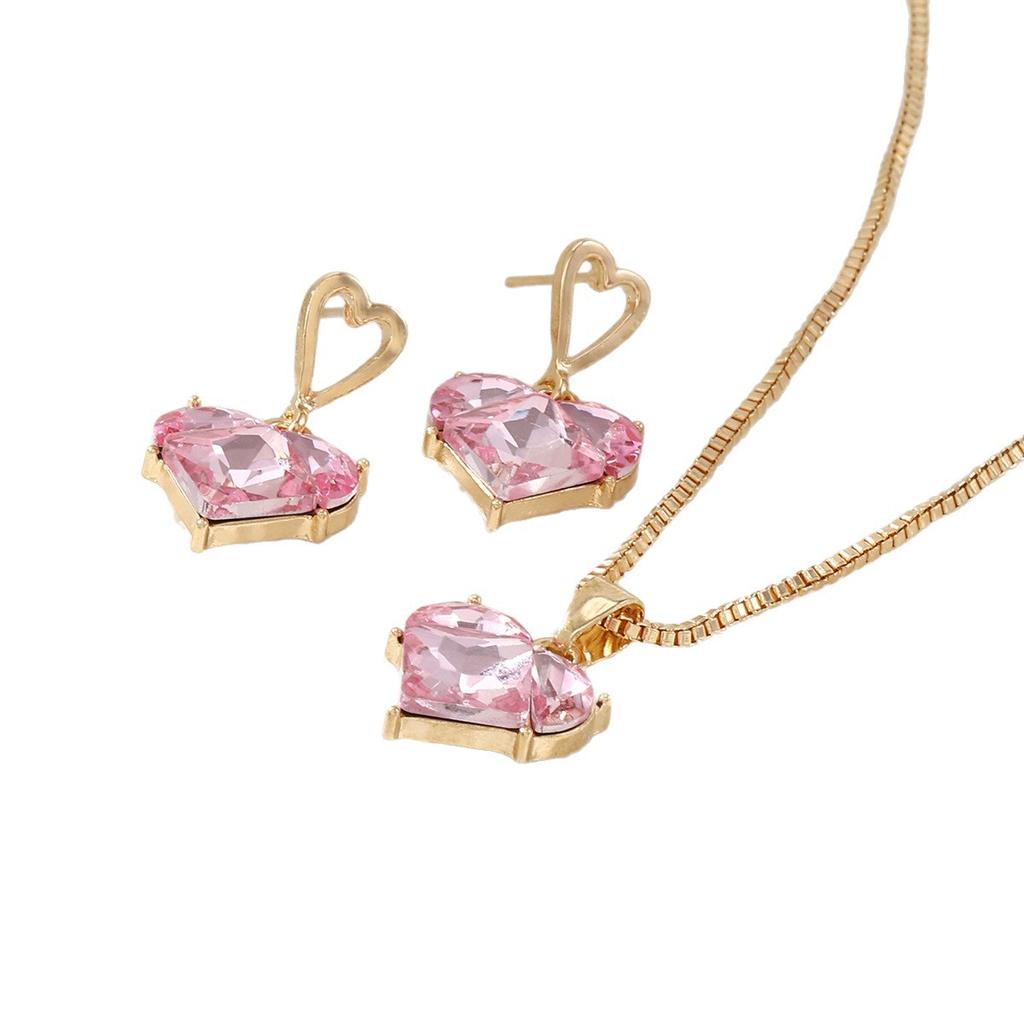 Hot Sale Valentine's Day Pink Necklace Peach Heart Necklace Earrings Women's Pendant Necklace Earrings Jewelry Set