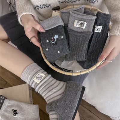 Ladies Autumn Winter Thickened Warm Embroidered Striped Polka Dot Wool Medium Tube Pile Socks