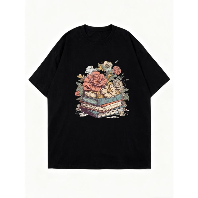 Black Oversized T Shirt With Stack Of Books And Flowers Print For Casual Wear And Reading Lovers