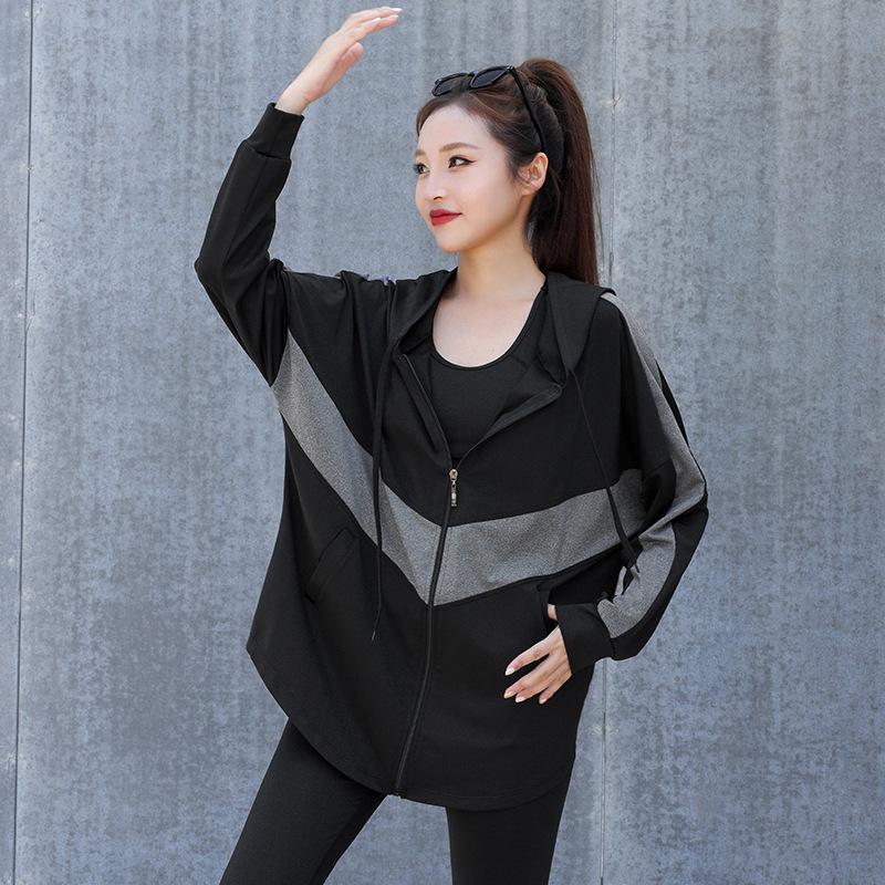 Women's Plus Size Loose Zipper Hoodie Three-Piece Sports Suit with Tapered Pants - Hip Covering, Slimming Yoga Wear