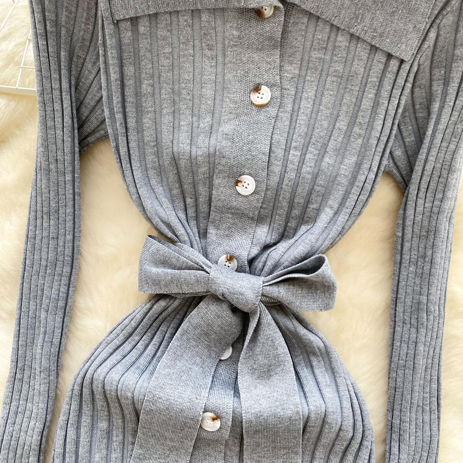 Винтажное отложной воротник элегантное длинное рукав однобортное бандажное трикотажное — фото 17