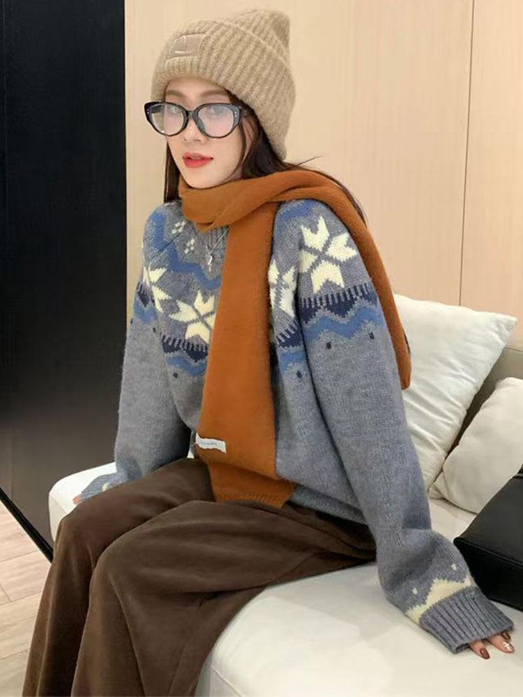 2026 Women's Fair Isle Wool Sweater Pullover, Round Neck, Age-Reducing Academic Style, Thick Base Layer, Pairs with JK.