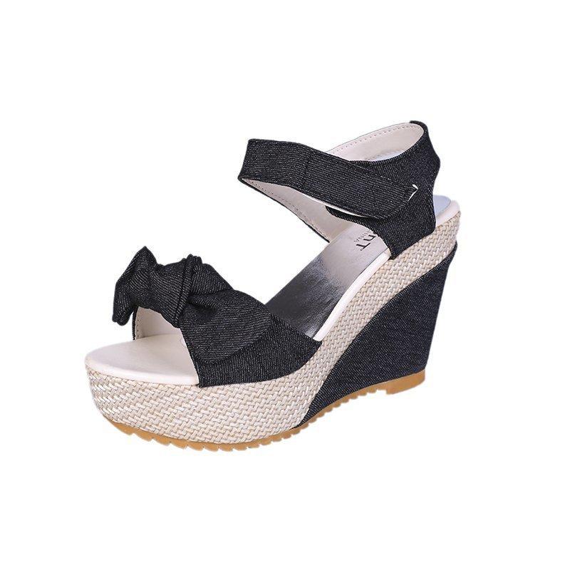 Ladies Platform Denim Sandals Fashion Bow Mixed Colors Wedges High Heels Women's Sandals Casual Party Woman Shoes