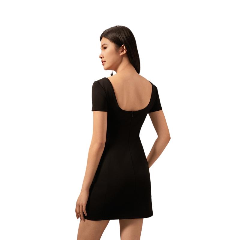 Calvin Klein Audrey Hepburn Style Sexy U-Neck Slim Fit Short Sleeve Dress Women dresses Space-Black J223961