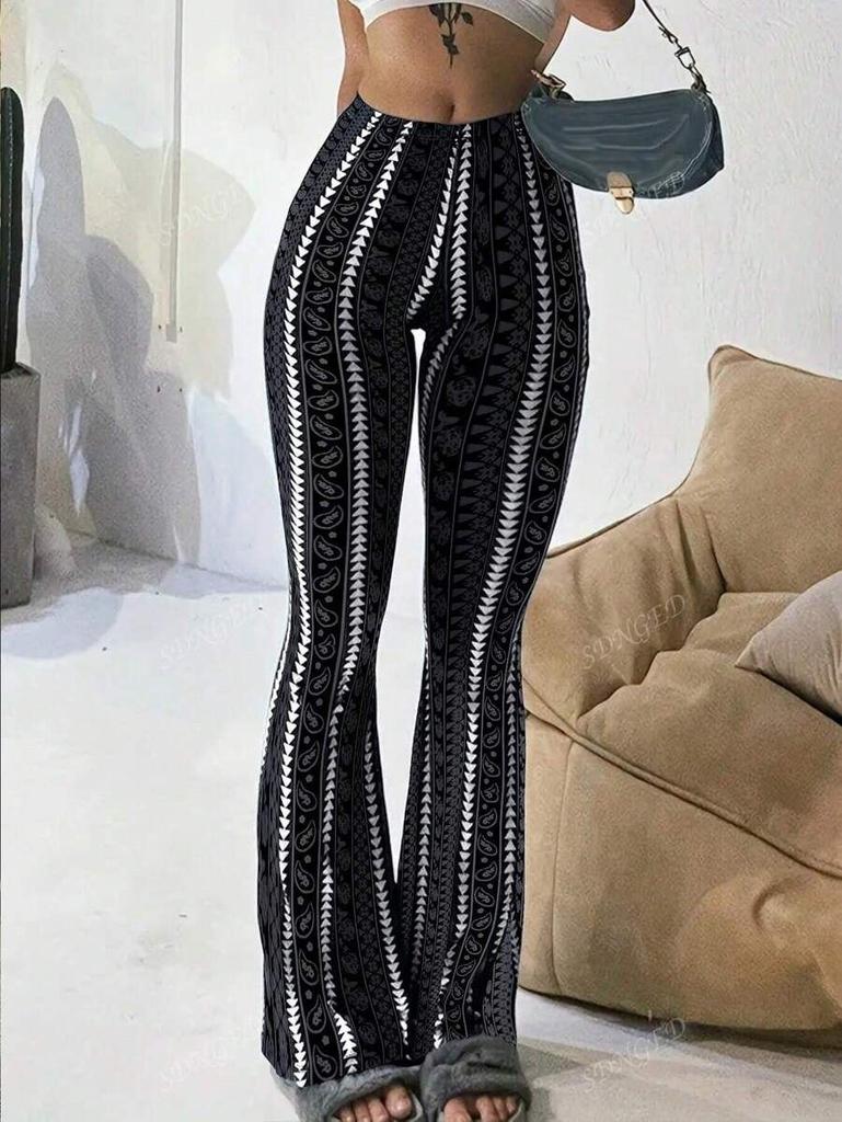 Women's Flared Pants with Paisley and Stripe Pattern, High Waist Bell Bottom Trousers