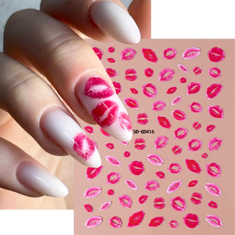 5D Embossed Sexy Red/Pink Lips Nail Stickers Self-Adhesive Blooming Red Lips Nail Decal Romantic Luxy Lady Lips Manicure Slider
