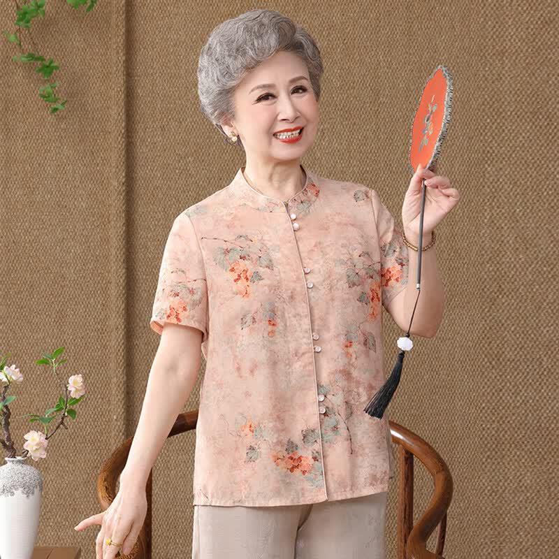 New Chinese Style Floral Print Summer Shirt for Middle-aged Women