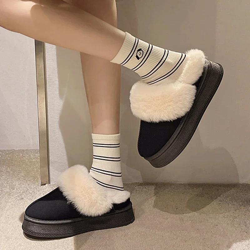 Fashion Platform Suede Flats Women Slippers Plush Warm Casual Snow Boots 2024 Winter Slingback Cozy Cotton Shoes Walking Chaussures Lady