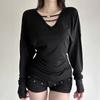 Y2K Style Slim V-neck Fashion T-shirt Tops for Women 2025 Autumn and Winter