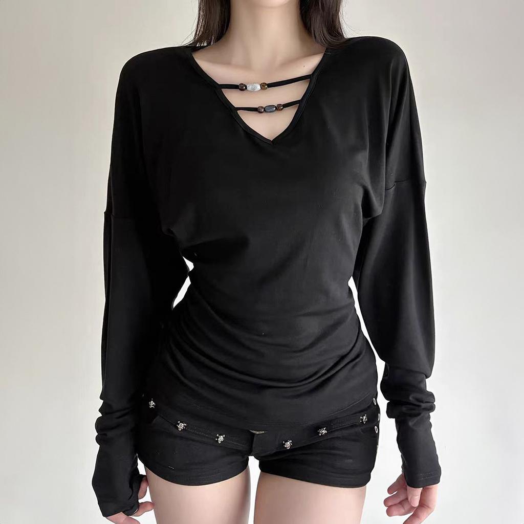 Y2K Style Slim V-neck Fashion T-shirt Tops for Women 2025 Autumn and Winter