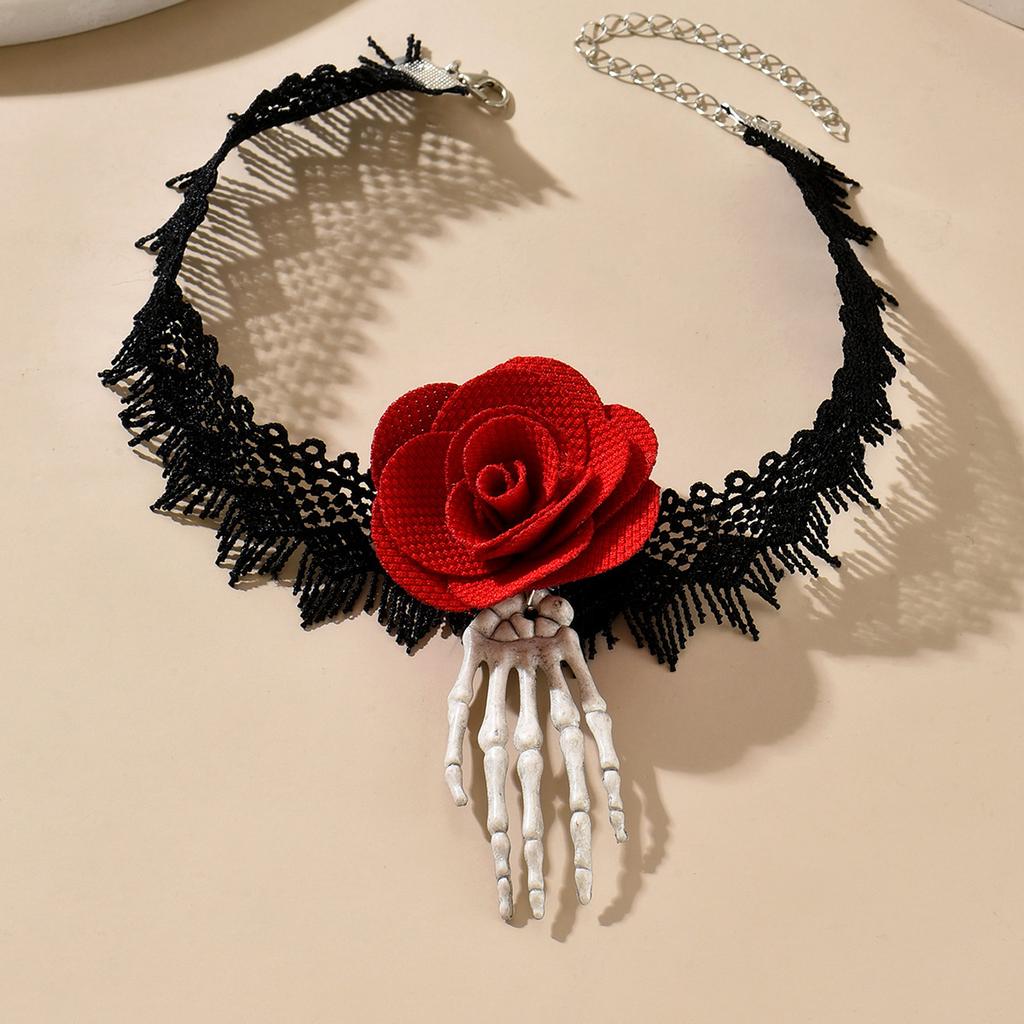 Red Rose Skull Hand Lace Choker, Halloween Gothic Retro Clavicle Neck Jewelry