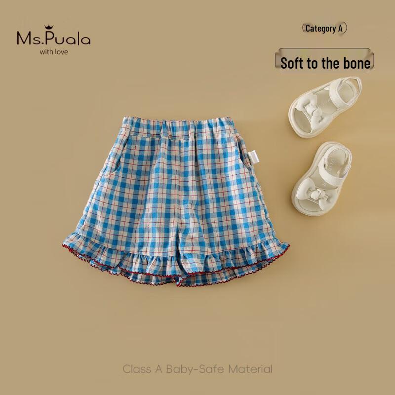 MS.PUALA Girls  Summer Plaid Cotton Shorts 90 cm