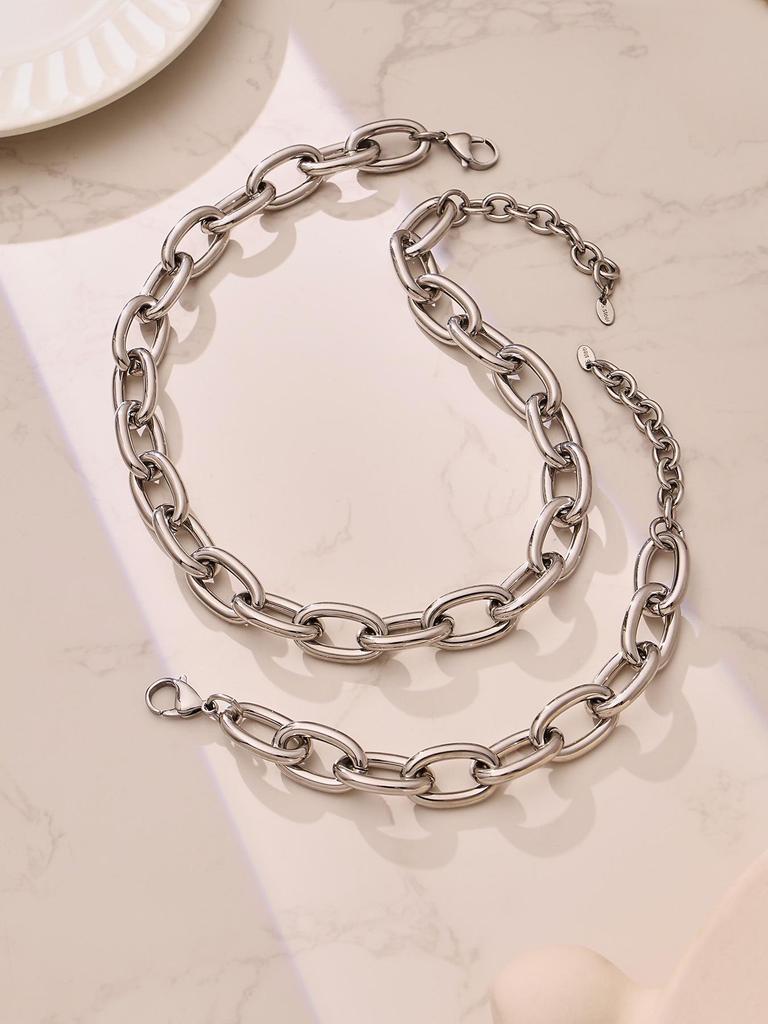 18K Gold-Plated Hip Hop Chain Necklace & Bracelet Set - European & American Style, Stainless Steel, Simple Luxury