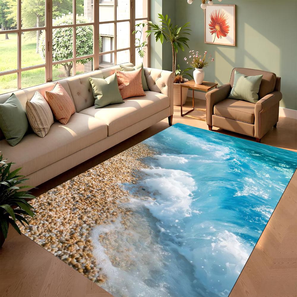 3D Seaside Beach Element Carpet Summer Water Ripple Carpet Living Room Carpet Bedroom Bedside Non-slip Mat Home Decoration