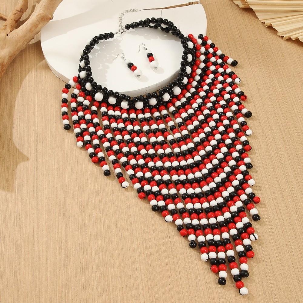 Exquisite Wood Necklace Earrings Set 1920s Handmade Jewelry Set Tassel Colorful Tassel Necklace Party