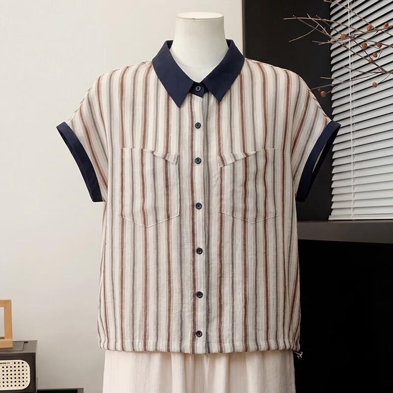 Xuexi Summer Loose Fit Striped T-Shirt for Middle-Aged Women 3XL
