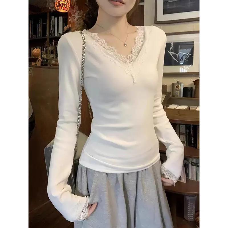 Women White Lace Trim V Neck Long Sleeve Slim Fit Top S