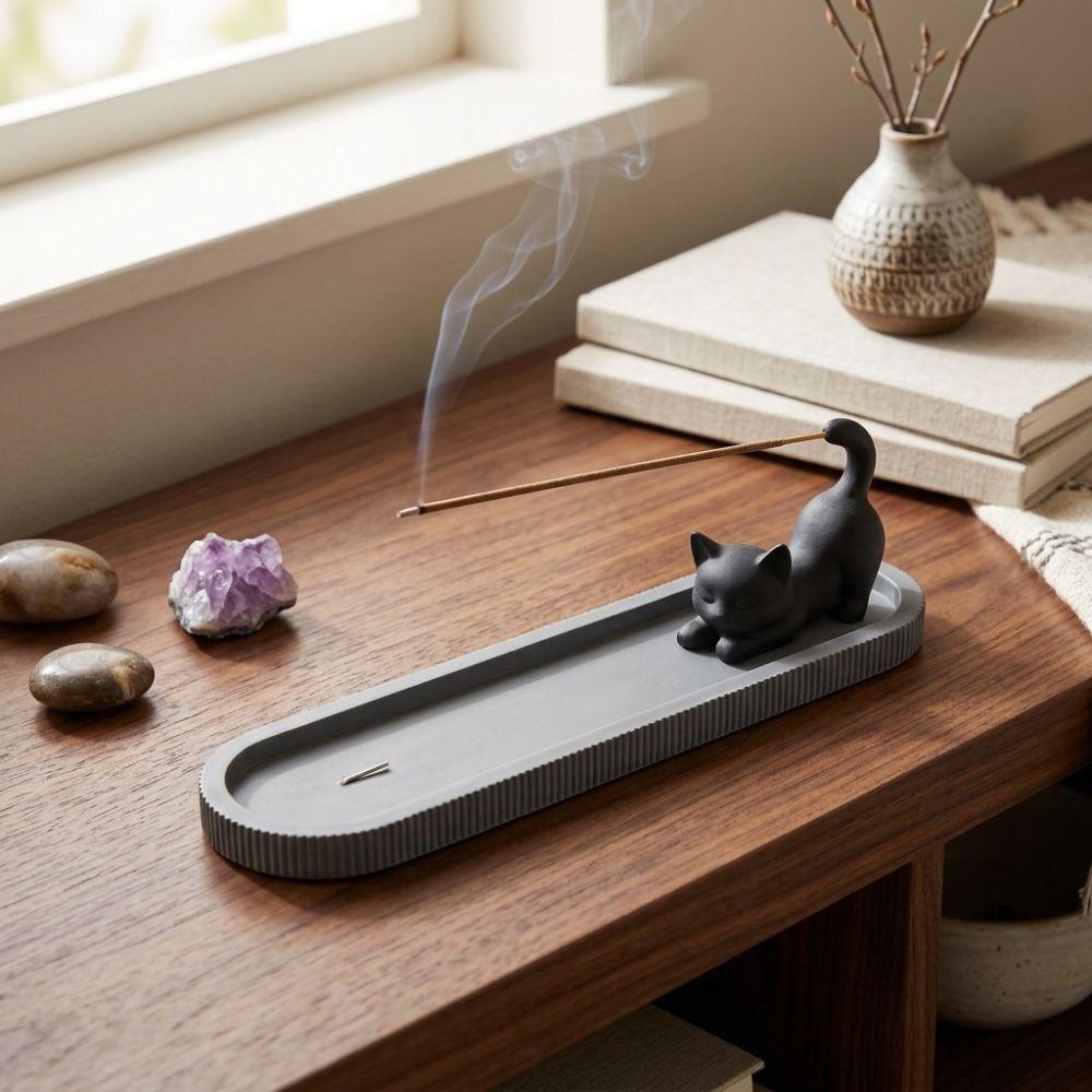 Zen Style Black Cat Incense Stick Holder Mobile Cat Incense Burner with Ash Catcher  Yoga Room