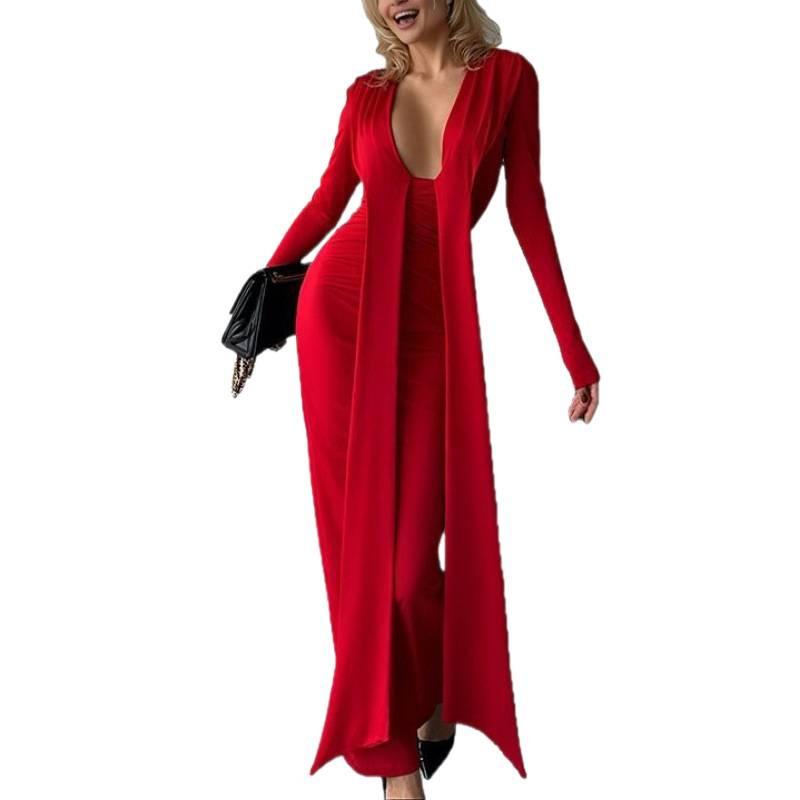 Europe, America, Autumn New Products, Sexy Deep V Streamer Long-sleeved Solid Color Slim-fitting Fashion Dress