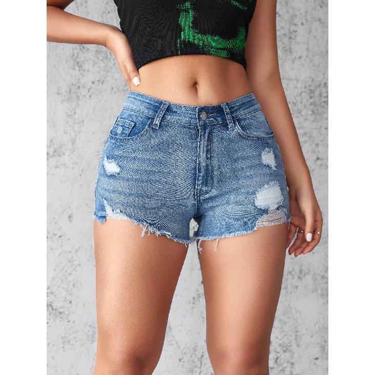 

2024 Европейские и американские рваные джинсовые шорты, женские эластичные облегающие брюки, персонализированные шорты Street Edge XXL синий