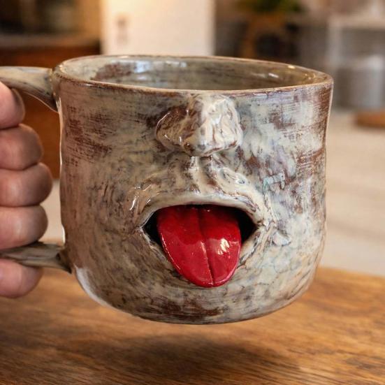 Stick-Out Tongue Ceramic Mug Large Capacity Stoneware Cup with Funny Face Design Novelty Coffee Tea Gift for