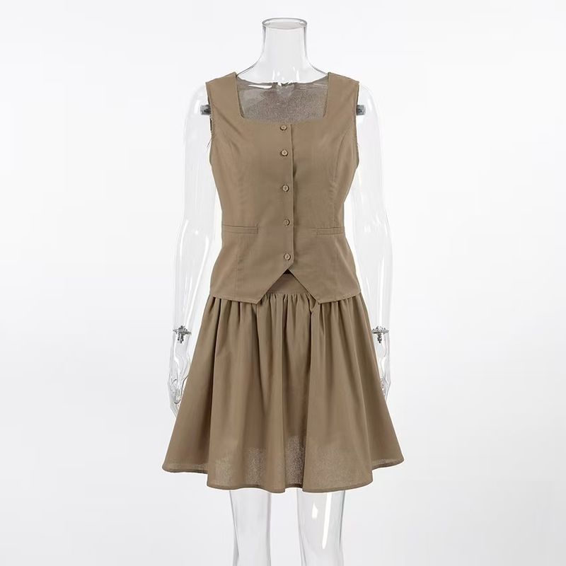 

Модный стиль Новинка Модный жилет без рукавов Жилет Юбка Костюм из двух частей Топ-жилет и комплект юбки Khaki L