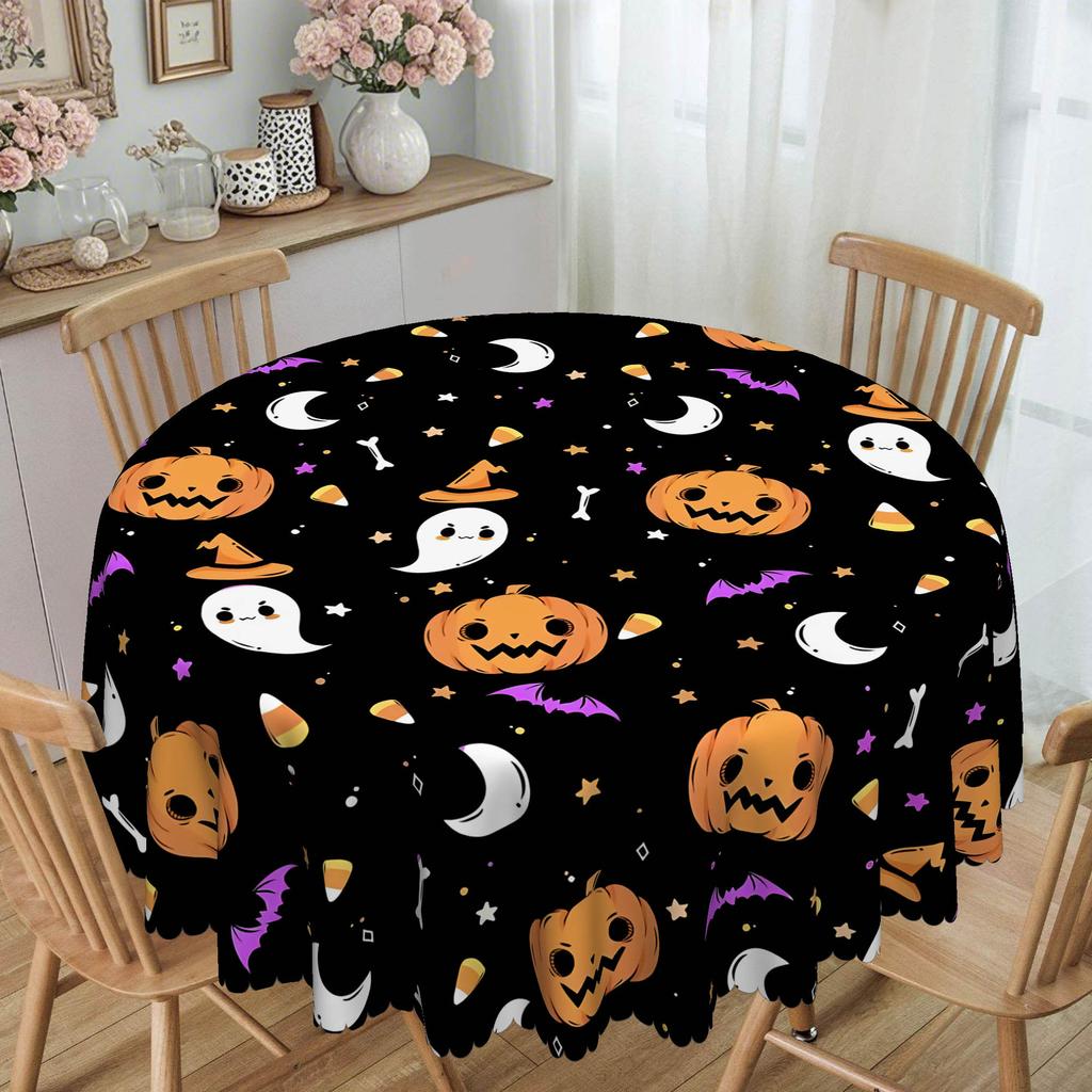 1 Piece Halloween Tablecloth, Grimace Pumpkin, Witch Hat, Moon And Ghost Design, Polyester Fabric