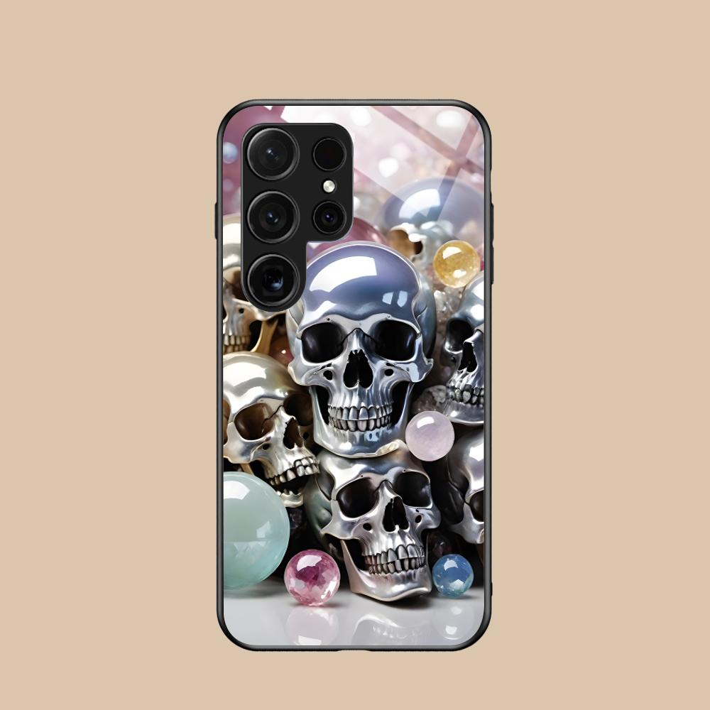Silberne Totenkopf Glas Handyhülle für Samsung Galaxy S26 S25 S24 S23 S22 S21 S20 Note20 Plus FE Ultra Bunte Abdeckung