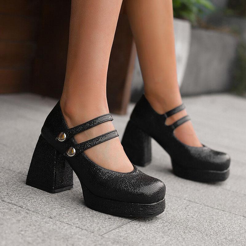 2025 New Spring Women's Pumps 9.5cm High Heels PU Leather Square Toe Women Platform Mary Jane Shoes Plus Size 34-43 WSH5044