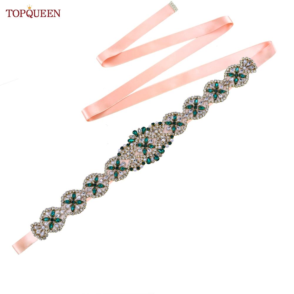 TOPQUEEN S161-KL Neuer Brautgürtel für Hochzeitskleider für Frauen in Gold, handgefertigt, Luxus-Schärpe, Zubehör für das tägliche Partykleid, grüner Strass